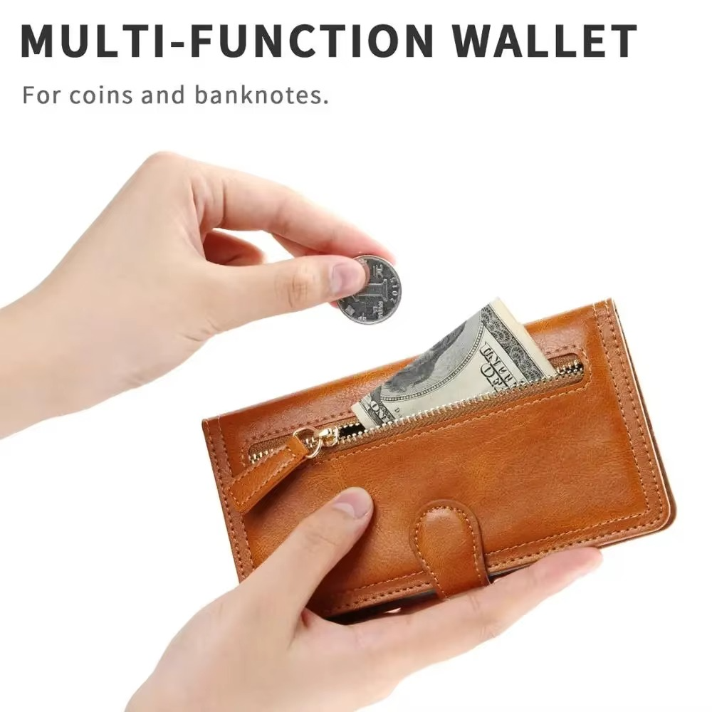 Custodia portafoglio per iPhone con cerniera, supporto integrato e scomparti per carte