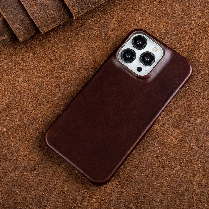 Custodia in vera pelle oil-wax per iPhone 13–16 con anello magnetico