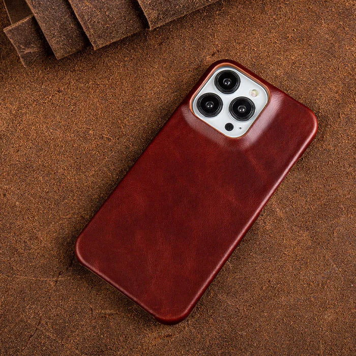 Custodia in vera pelle oil-wax per iPhone 13–16 con anello magnetico