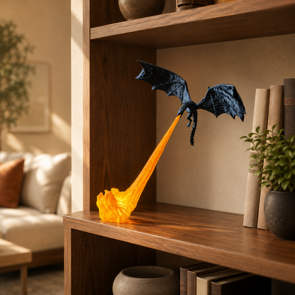 Decorazione drago volante con fiamma, effetto fuoco illuminato, stanze fantasy