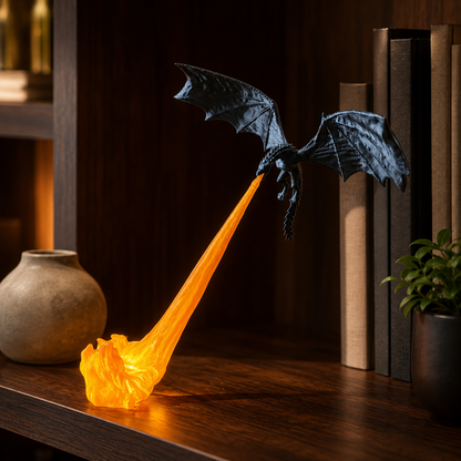 Decorazione drago volante con fiamma, effetto fuoco illuminato, stanze fantasy