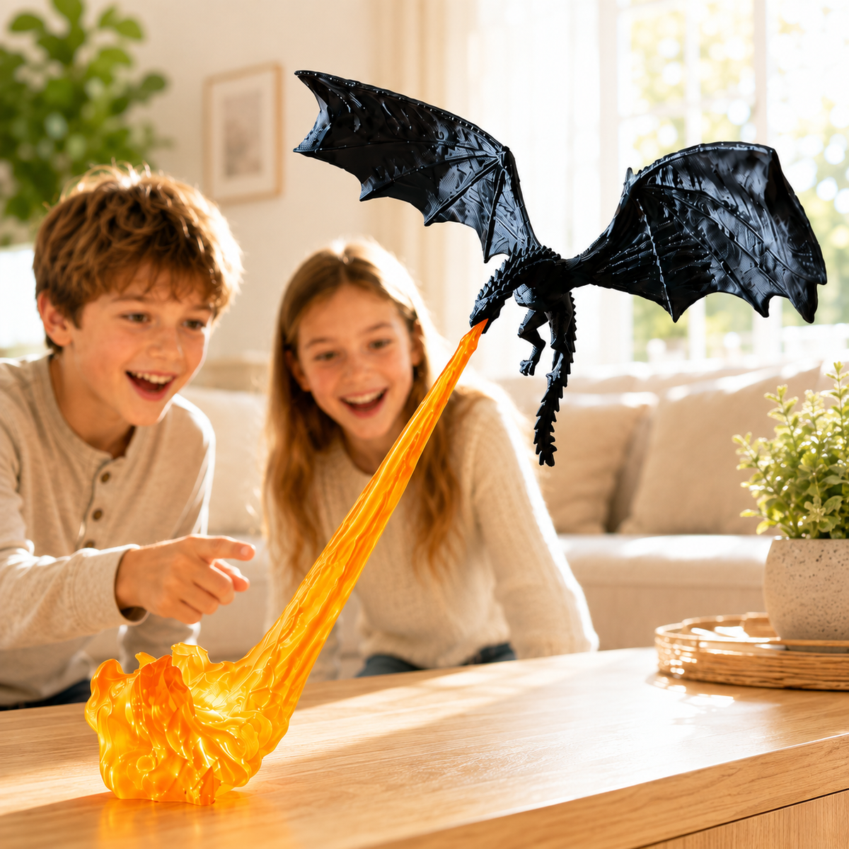 Decorazione drago volante con fiamma, effetto fuoco illuminato, stanze fantasy