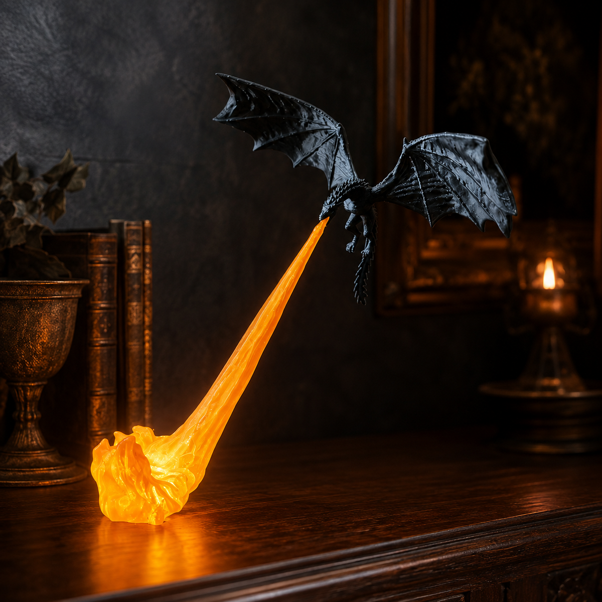Decorazione drago volante con fiamma, effetto fuoco illuminato, stanze fantasy