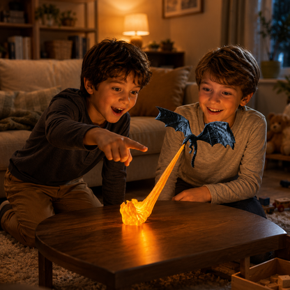Decorazione drago volante con fiamma, effetto fuoco illuminato, stanze fantasy