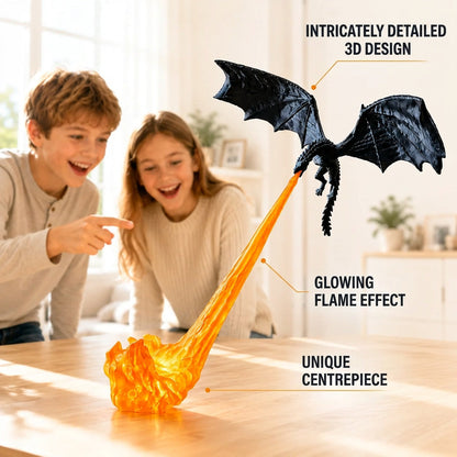 Decorazione drago volante con fiamma, effetto fuoco illuminato, stanze fantasy