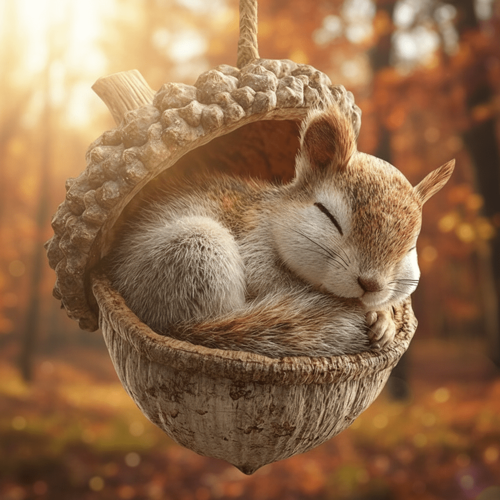 Decorazioni natalizie fatte a mano con ghianda e animali del bosco