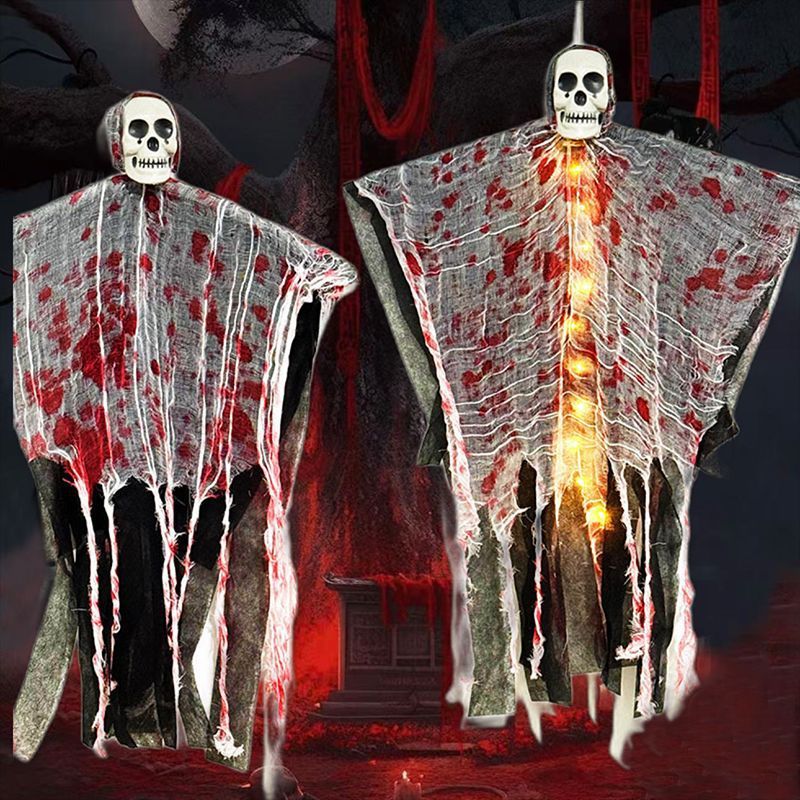 Fantasma di Halloween da appendere con teschio, luci LED e garza macchiata di sangue, decorazione per porta, albero e in