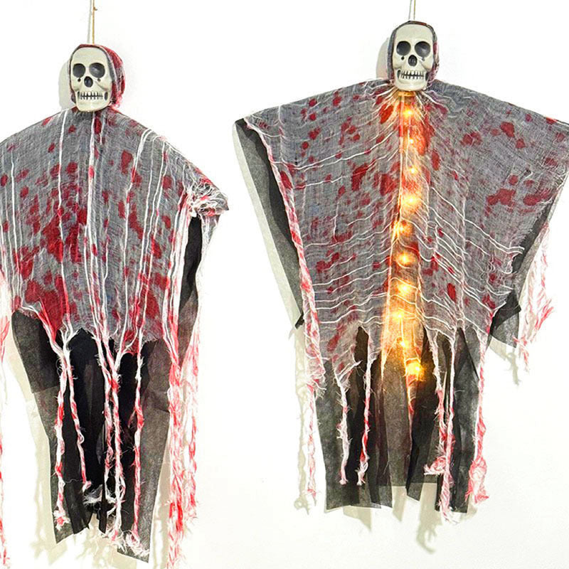 Fantasma di Halloween da appendere con teschio, luci LED e garza macchiata di sangue, decorazione per porta, albero e in