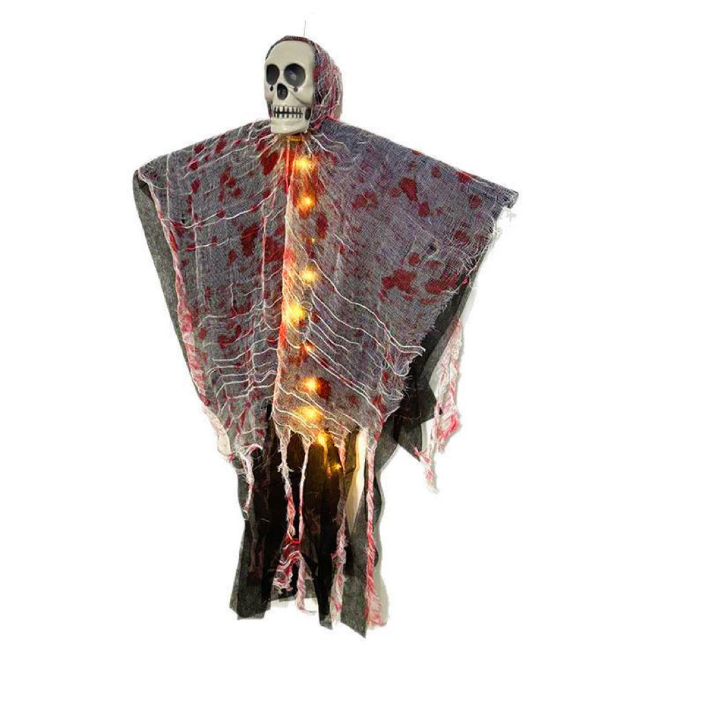 Fantasma di Halloween da appendere con teschio, luci LED e garza macchiata di sangue, decorazione per porta, albero e in