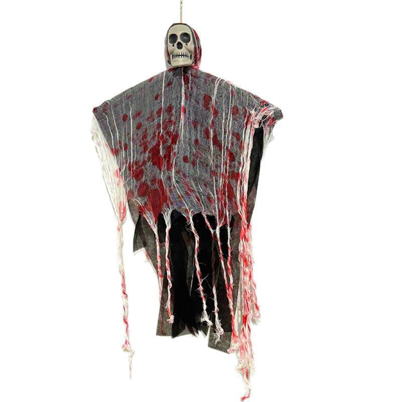 Fantasma di Halloween da appendere con teschio, luci LED e garza macchiata di sangue, decorazione per porta, albero e in