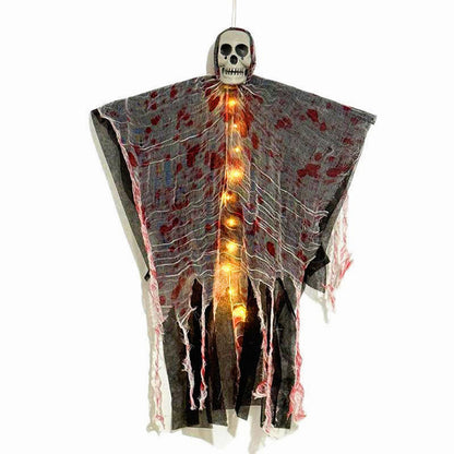Fantasma di Halloween da appendere con teschio, luci LED e garza macchiata di sangue, decorazione per porta, albero e in