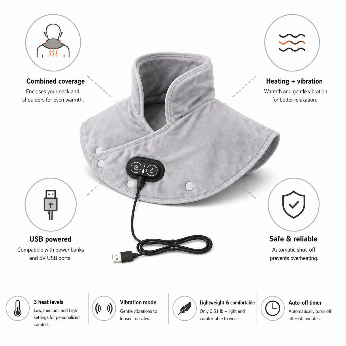 Fascia riscaldante vibrante USB per collo e spalle (3 livelli di calore)