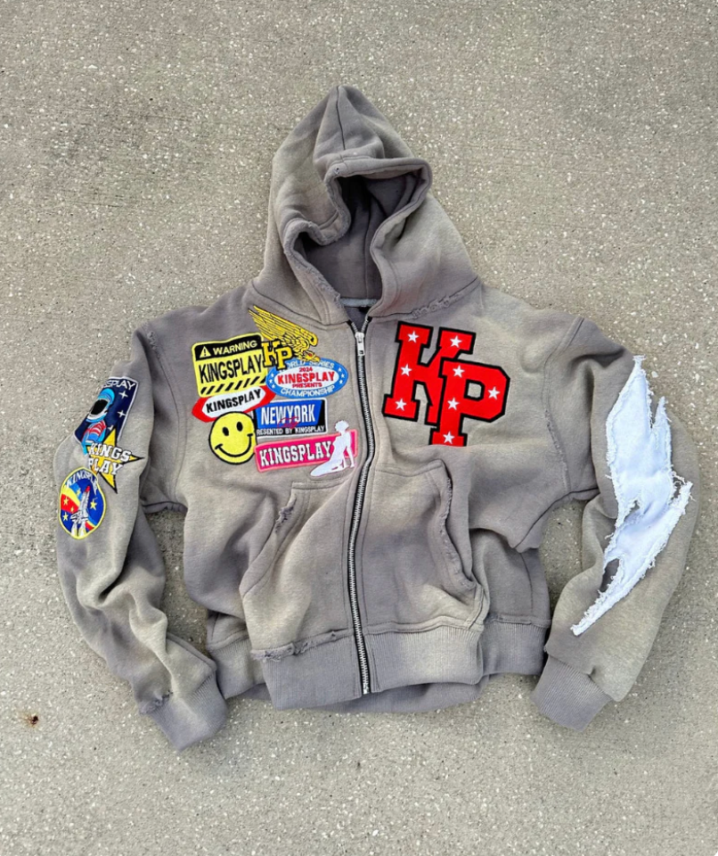 Felpa con zip da uomo, hoodie streetwear con effetto lavato, patch ricamate e zip intera, 4 colori, taglie S-2XL