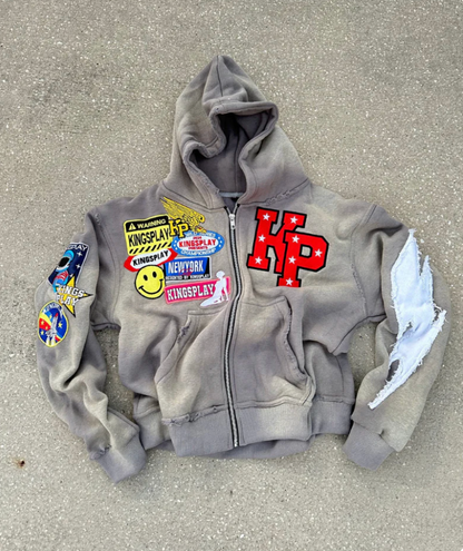 Felpa con zip da uomo, hoodie streetwear con effetto lavato, patch ricamate e zip intera, 4 colori, taglie S-2XL