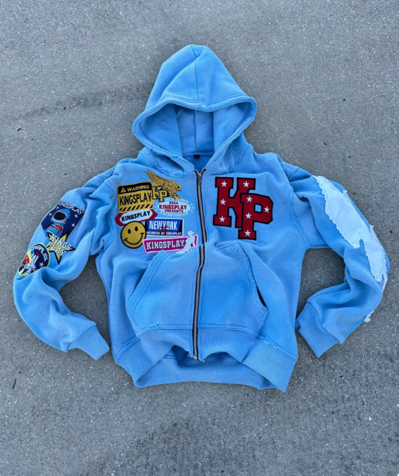 Felpa con zip da uomo, hoodie streetwear con effetto lavato, patch ricamate e zip intera, 4 colori, taglie S-2XL