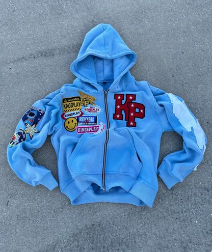 Felpa con zip da uomo, hoodie streetwear con effetto lavato, patch ricamate e zip intera, 4 colori, taglie S-2XL