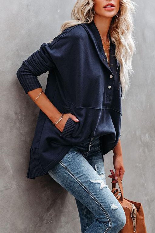 Felpa lunga da donna, tunica oversize con scollo a V con bottoni automatici e tasca a marsupio, 8 colori, taglie dalla S