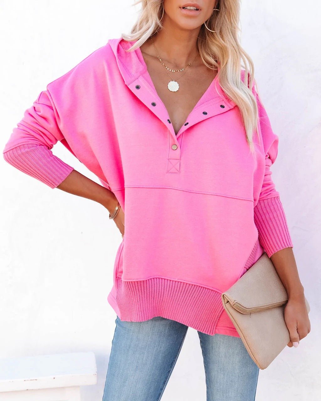 Felpa lunga da donna, tunica oversize con scollo a V con bottoni automatici e tasca a marsupio, 8 colori, taglie dalla S