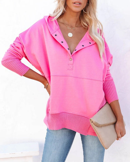 Felpa lunga da donna, tunica oversize con scollo a V con bottoni automatici e tasca a marsupio, 8 colori, taglie dalla S
