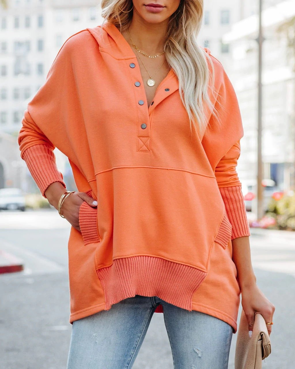 Felpa lunga da donna, tunica oversize con scollo a V con bottoni automatici e tasca a marsupio, 8 colori, taglie dalla S