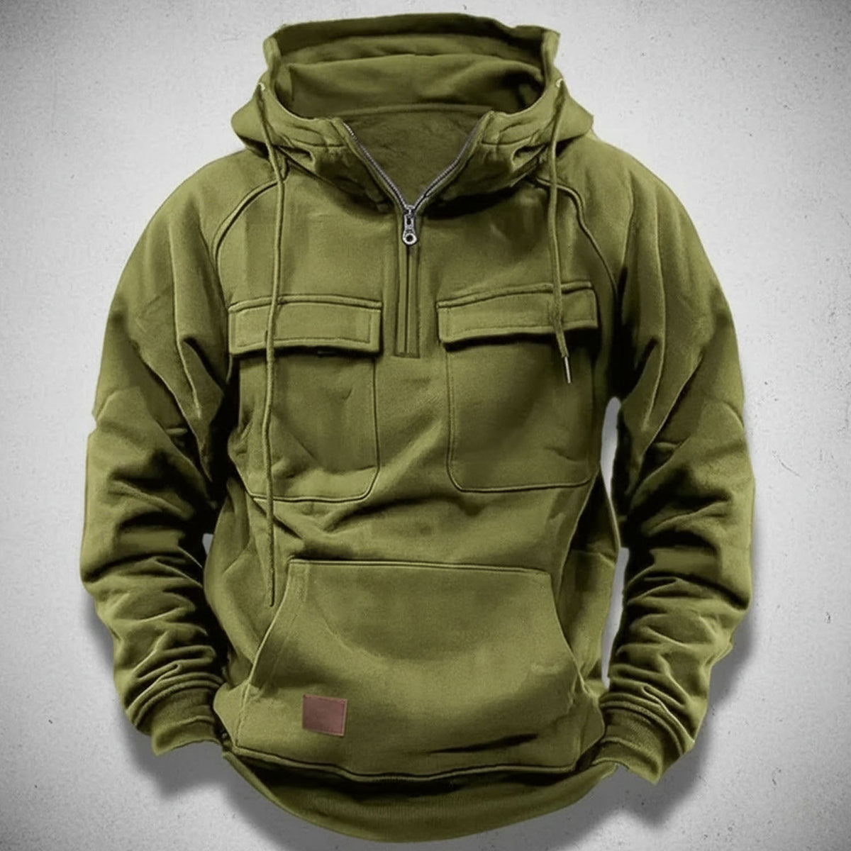 Felpa da uomo con mezza zip, interno in pile spazzolato, tasche a pattina sul petto e tasca a marsupio, 5 colori, taglie