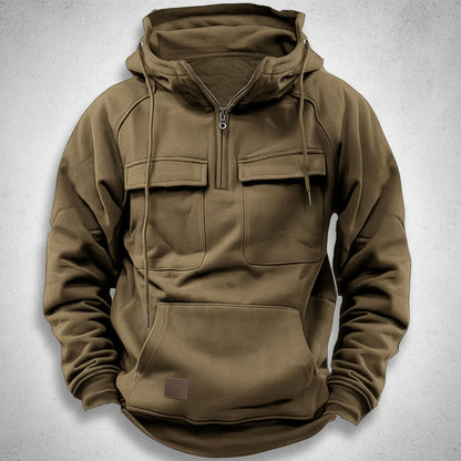 Felpa da uomo con mezza zip, interno in pile spazzolato, tasche a pattina sul petto e tasca a marsupio, 5 colori, taglie