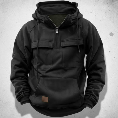 Felpa da uomo con mezza zip, interno in pile spazzolato, tasche a pattina sul petto e tasca a marsupio, 5 colori, taglie