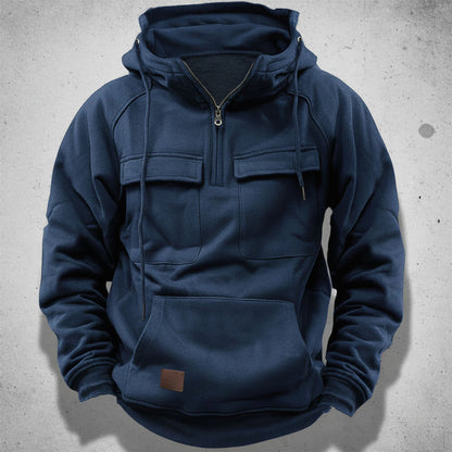 Felpa da uomo con mezza zip, interno in pile spazzolato, tasche a pattina sul petto e tasca a marsupio, 5 colori, taglie