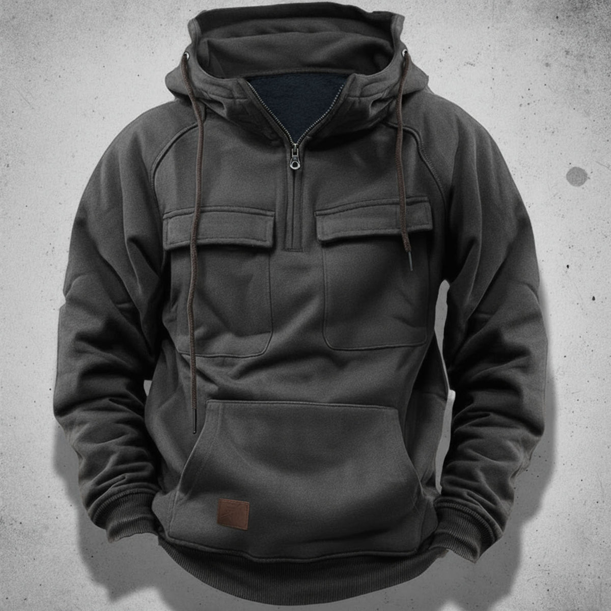 Felpa da uomo con mezza zip, interno in pile spazzolato, tasche a pattina sul petto e tasca a marsupio, 5 colori, taglie