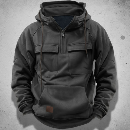 Felpa da uomo con mezza zip, interno in pile spazzolato, tasche a pattina sul petto e tasca a marsupio, 5 colori, taglie