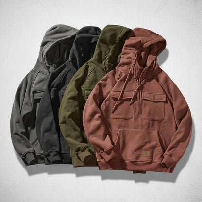 Felpa da uomo con mezza zip, interno in pile spazzolato, tasche a pattina sul petto e tasca a marsupio, 5 colori, taglie