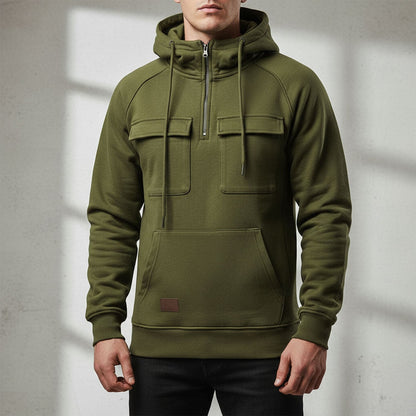 Felpa da uomo con mezza zip, interno in pile spazzolato, tasche a pattina sul petto e tasca a marsupio, 5 colori, taglie