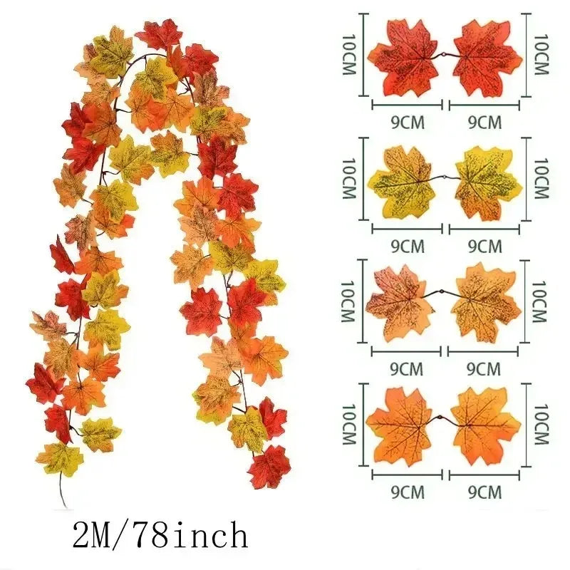 Ghirlanda di foglie autunnali con foglie d'acero artificiali, 2 metri, foglie in tessuto e plastica da 9-10 cm per porte