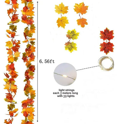 Ghirlanda di foglie autunnali con foglie d'acero artificiali, 2 metri, foglie in tessuto e plastica da 9-10 cm per porte