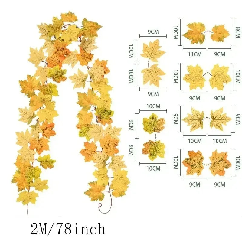 Ghirlanda di foglie autunnali con foglie d'acero artificiali, 2 metri, foglie in tessuto e plastica da 9-10 cm per porte