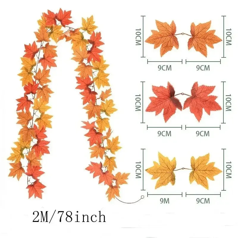 Ghirlanda di foglie autunnali con foglie d'acero artificiali, 2 metri, foglie in tessuto e plastica da 9-10 cm per porte