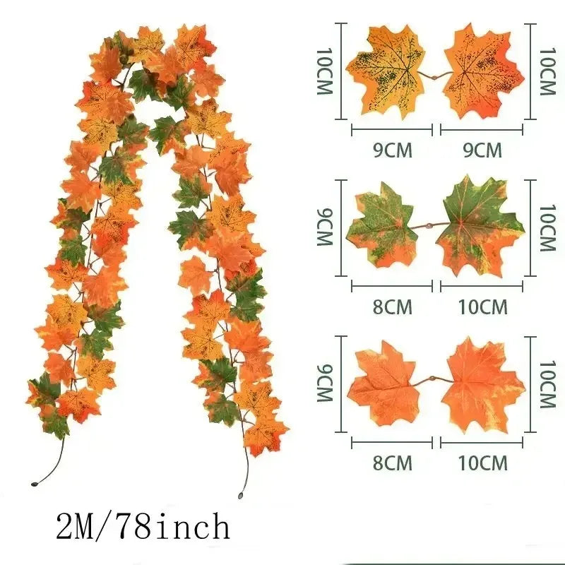 Ghirlanda di foglie autunnali con foglie d'acero artificiali, 2 metri, foglie in tessuto e plastica da 9-10 cm per porte