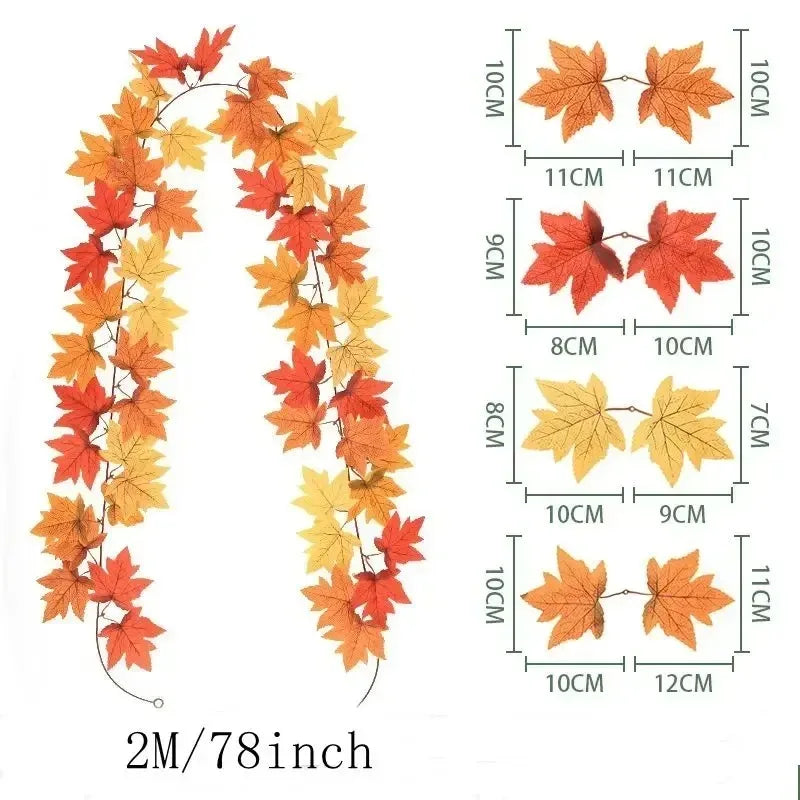 Ghirlanda di foglie autunnali con foglie d'acero artificiali, 2 metri, foglie in tessuto e plastica da 9-10 cm per porte