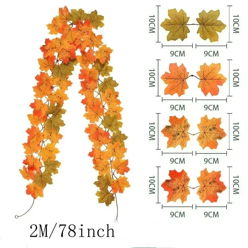 Ghirlanda di foglie autunnali con foglie d'acero artificiali, 2 metri, foglie in tessuto e plastica da 9-10 cm per porte