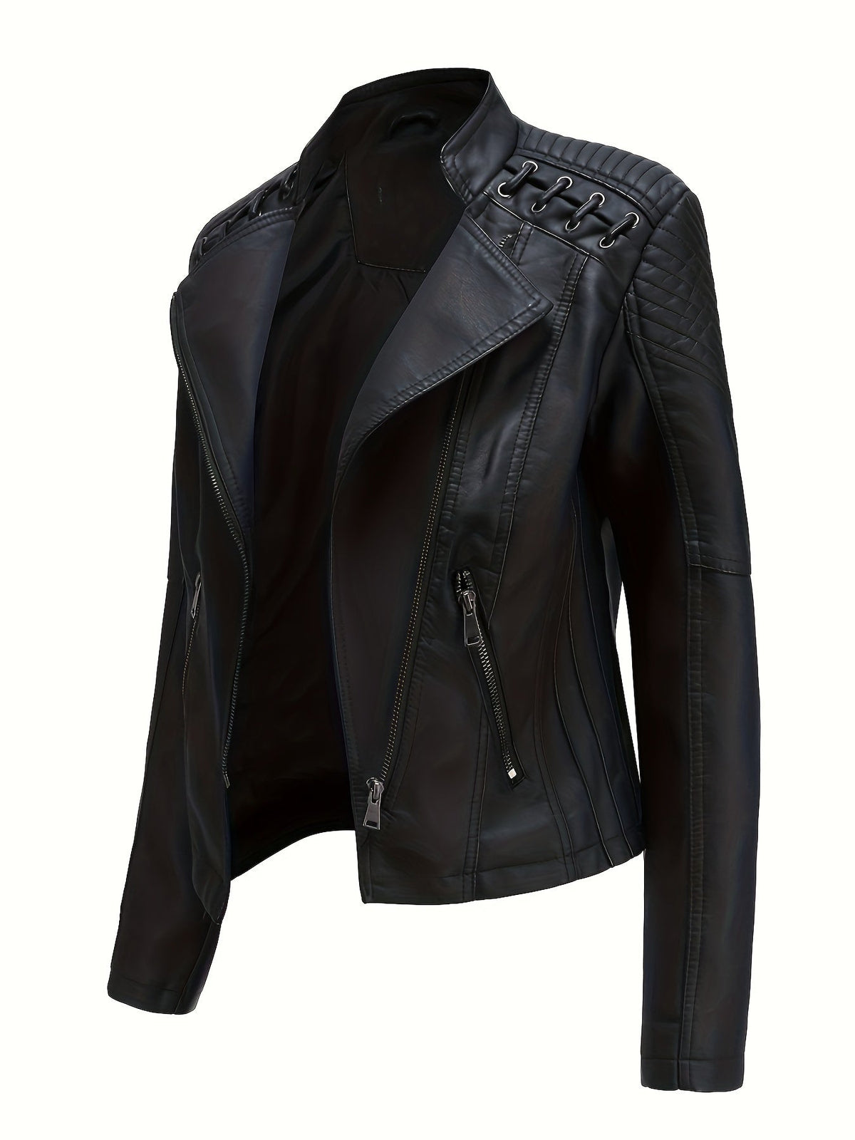 Giacca biker da donna, giacca corta effetto pelle con zip asimmetrica, revers e lacci con occhielli sulle spalle, 4 colo