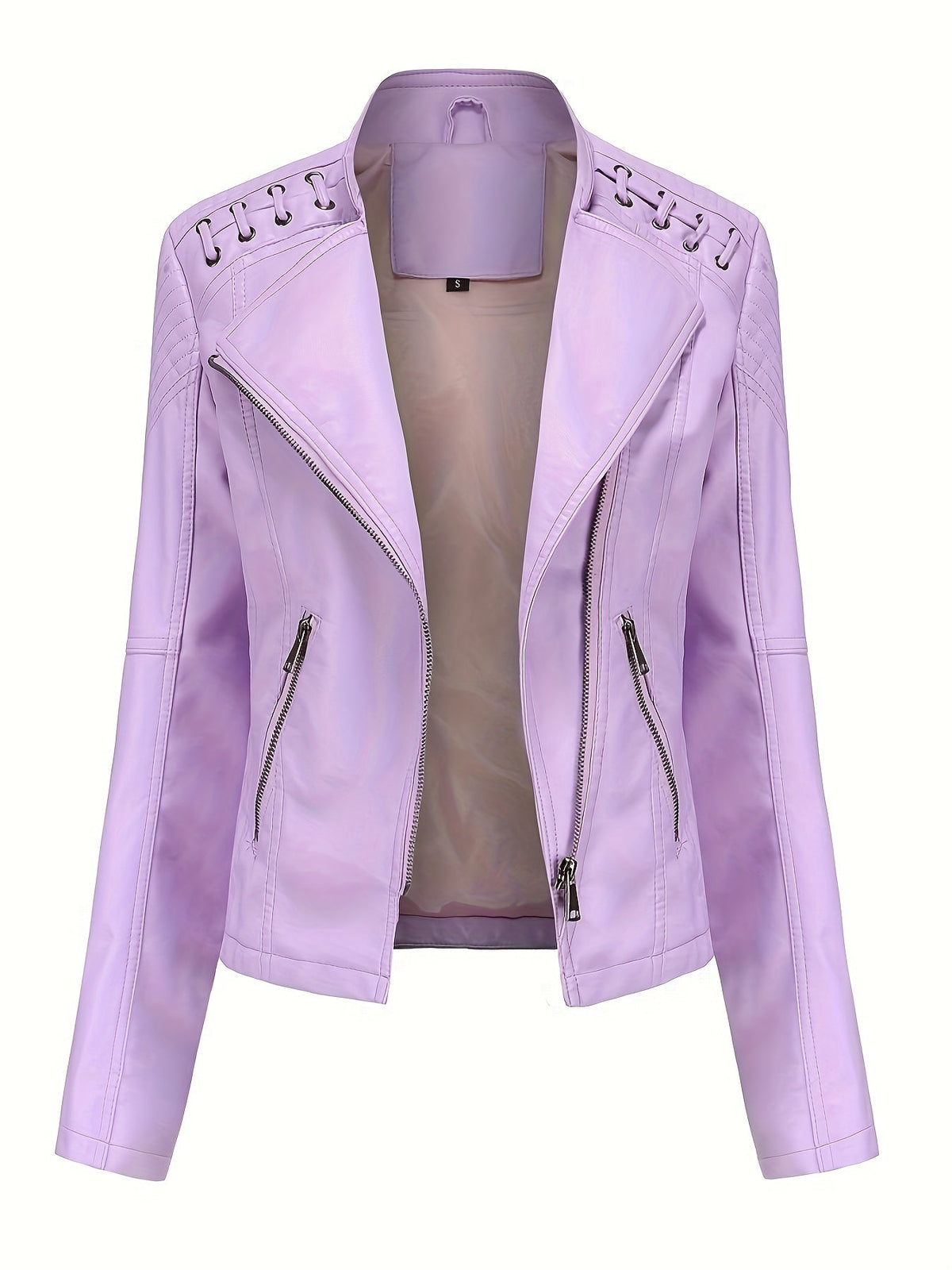 Giacca biker da donna, giacca corta effetto pelle con zip asimmetrica, revers e lacci con occhielli sulle spalle, 4 colo