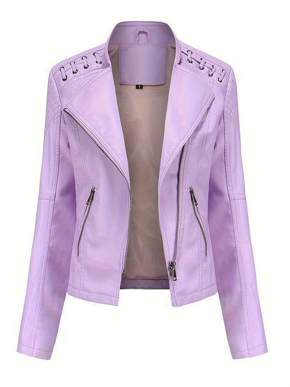 Giacca biker da donna, giacca corta effetto pelle con zip asimmetrica, revers e lacci con occhielli sulle spalle, 4 colo