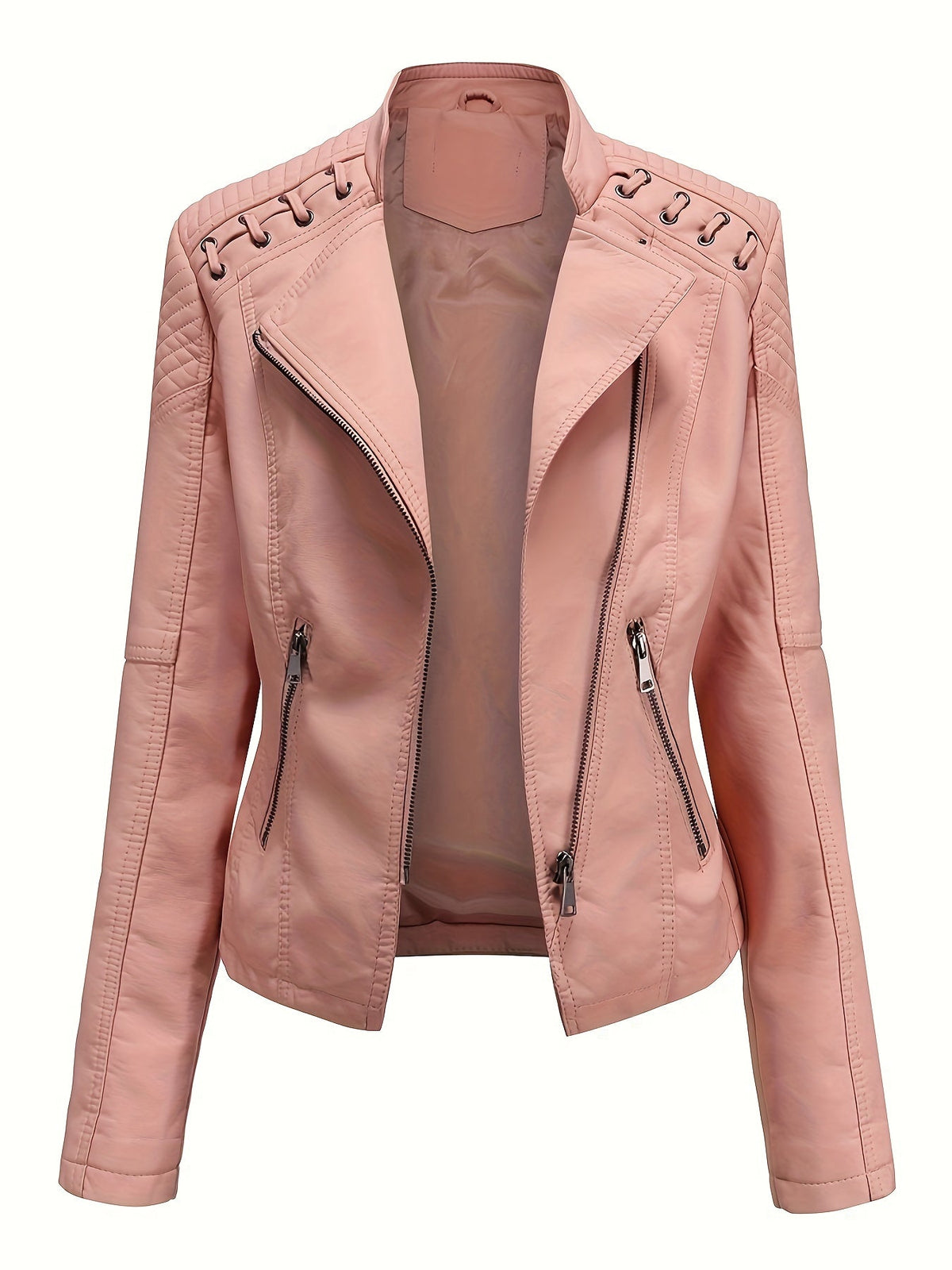 Giacca biker da donna, giacca corta effetto pelle con zip asimmetrica, revers e lacci con occhielli sulle spalle, 4 colo