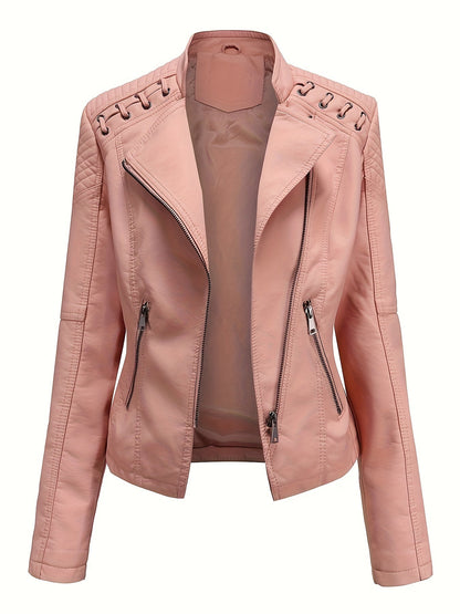 Giacca biker da donna, giacca corta effetto pelle con zip asimmetrica, revers e lacci con occhielli sulle spalle, 4 colo