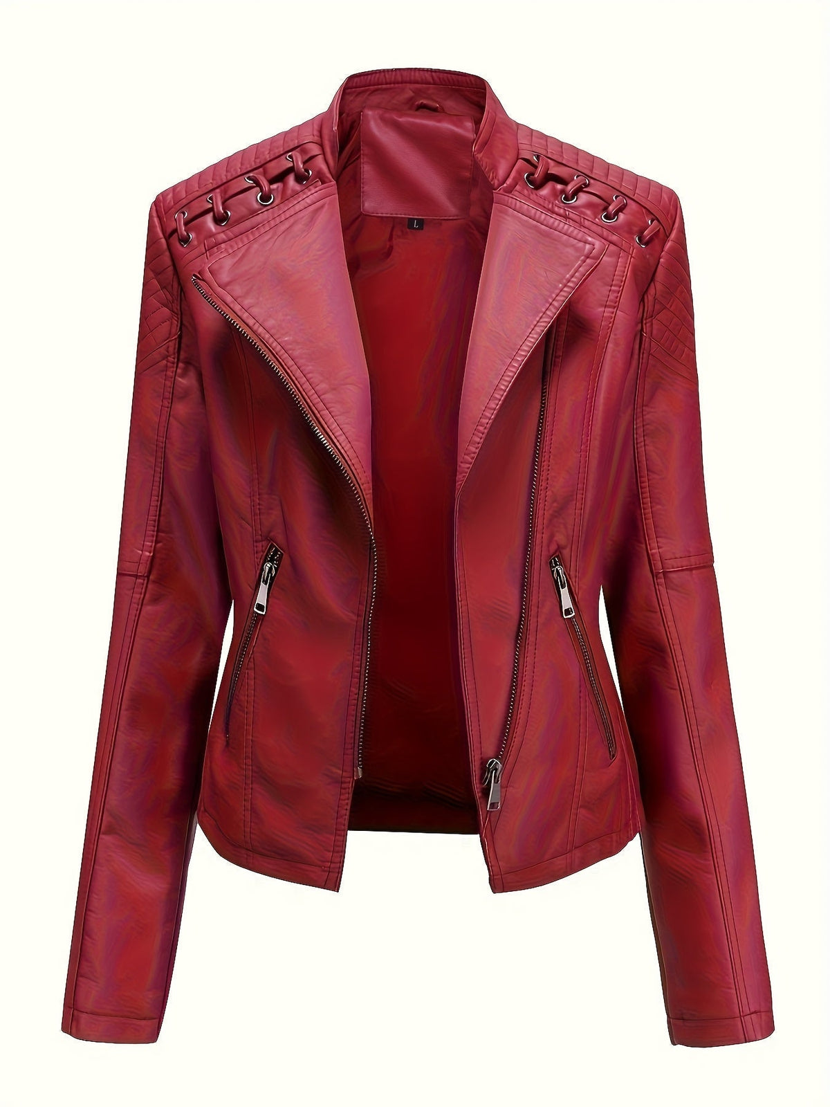Giacca biker da donna, giacca corta effetto pelle con zip asimmetrica, revers e lacci con occhielli sulle spalle, 4 colo