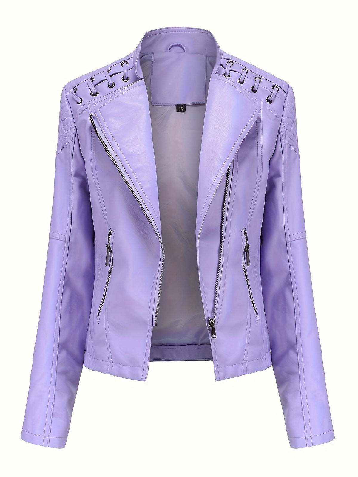 Giacca biker da donna, giacca corta effetto pelle con zip asimmetrica, revers e lacci con occhielli sulle spalle, 4 colo