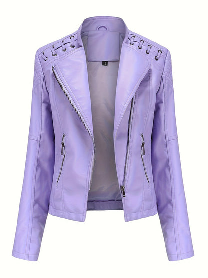 Giacca biker da donna, giacca corta effetto pelle con zip asimmetrica, revers e lacci con occhielli sulle spalle, 4 colo