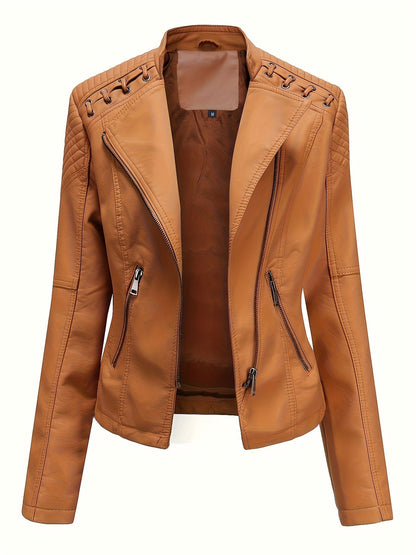 Giacca biker da donna, giacca corta effetto pelle con zip asimmetrica, revers e lacci con occhielli sulle spalle, 4 colo