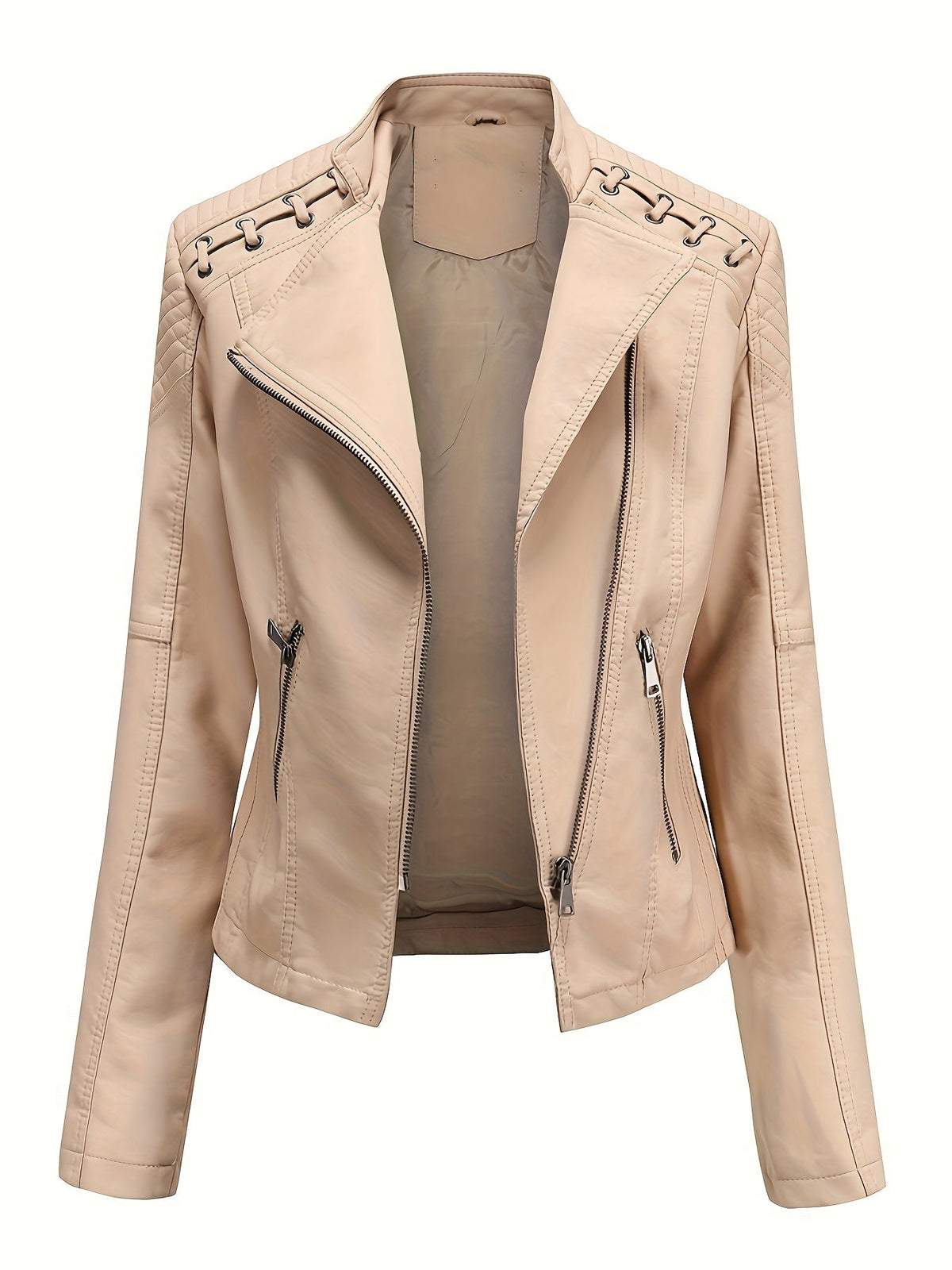 Giacca biker da donna, giacca corta effetto pelle con zip asimmetrica, revers e lacci con occhielli sulle spalle, 4 colo