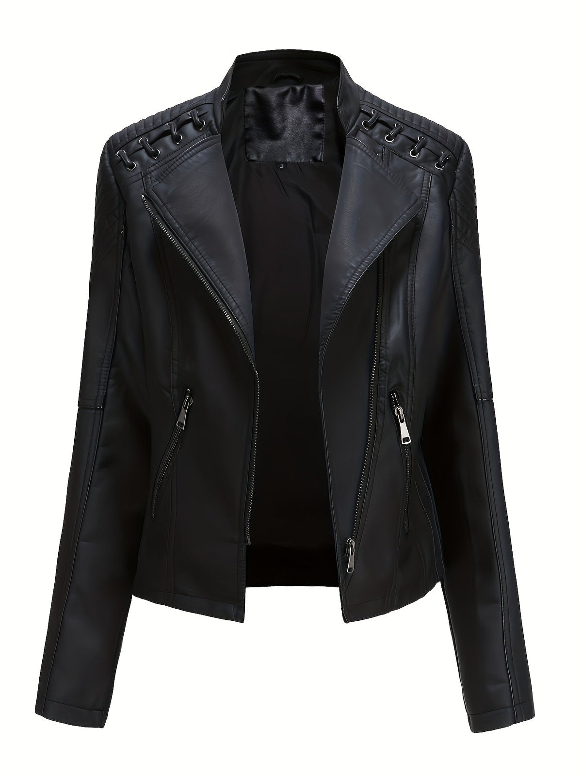 Giacca biker da donna, giacca corta effetto pelle con zip asimmetrica, revers e lacci con occhielli sulle spalle, 4 colo